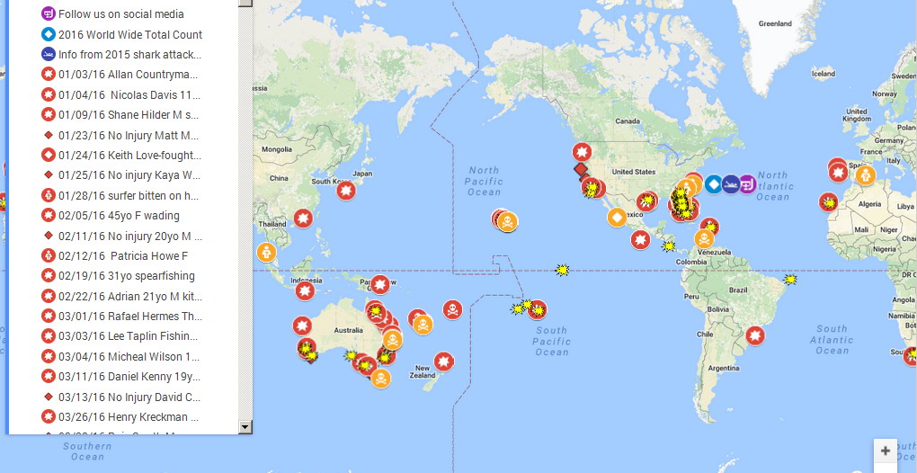 2016 shark attack map