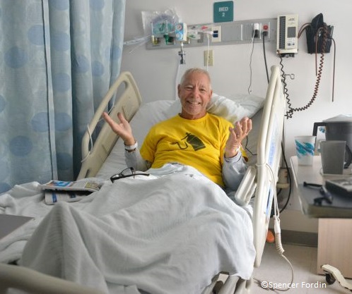 Paul Egleston recovering in his bed after he was bitten by a nurse shark.