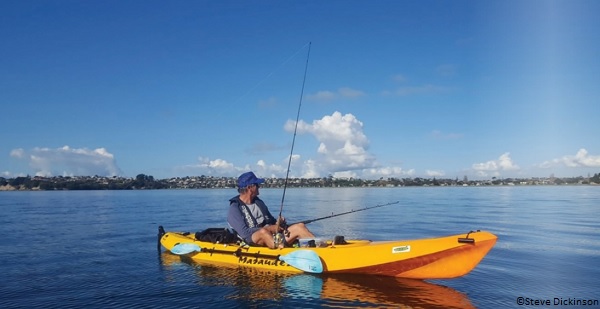 Steve Dickinson and his kayak which was attacked by a great white shark