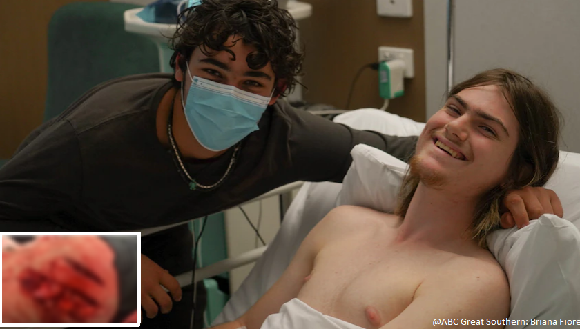 Luke was attacked by a white shark and his friend Connor saved his life. THey pose in the hospital